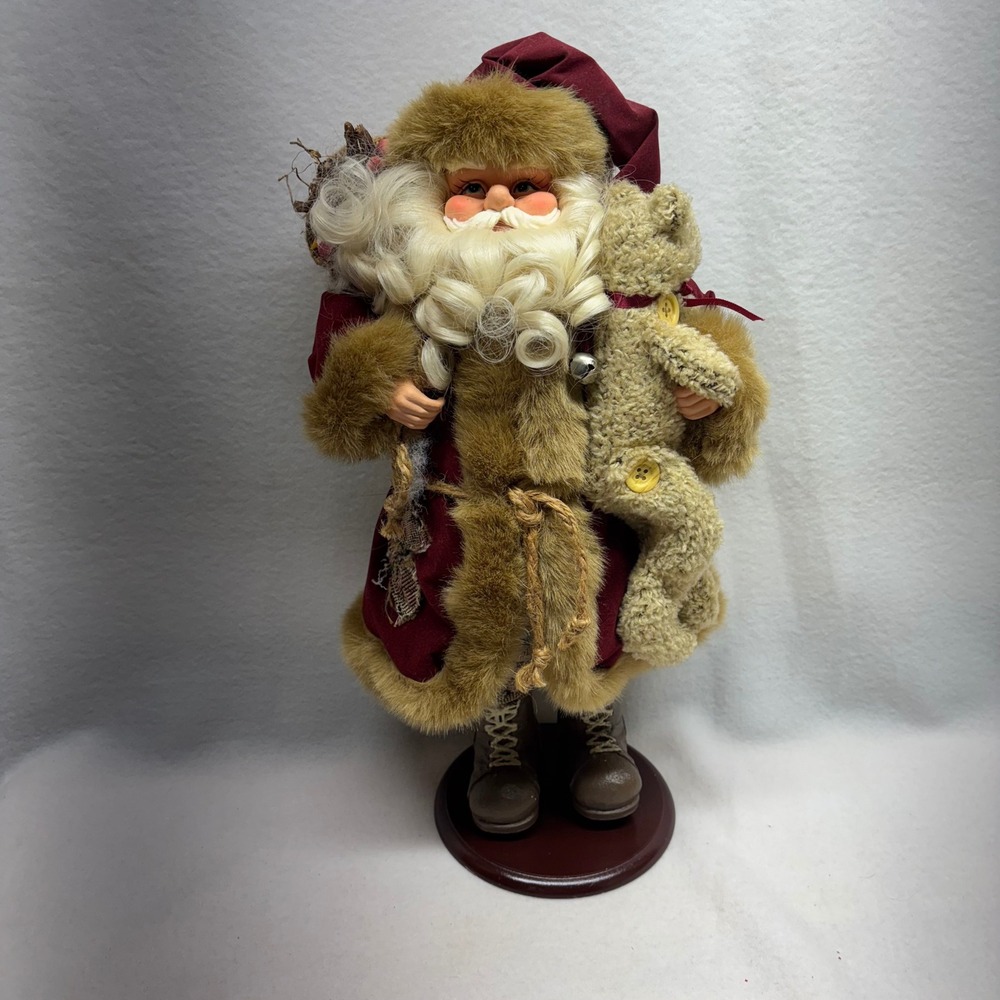 Home Interiors Woodland St Nick Santa Claus Doll with‎ Teddy Bear and Gift Sack